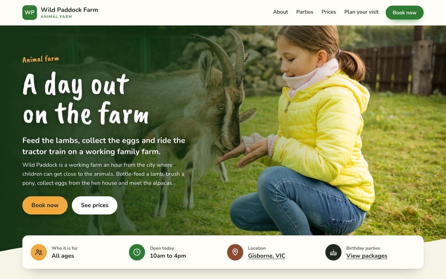 The animal farm example: a green, outdoors page for an animal farm