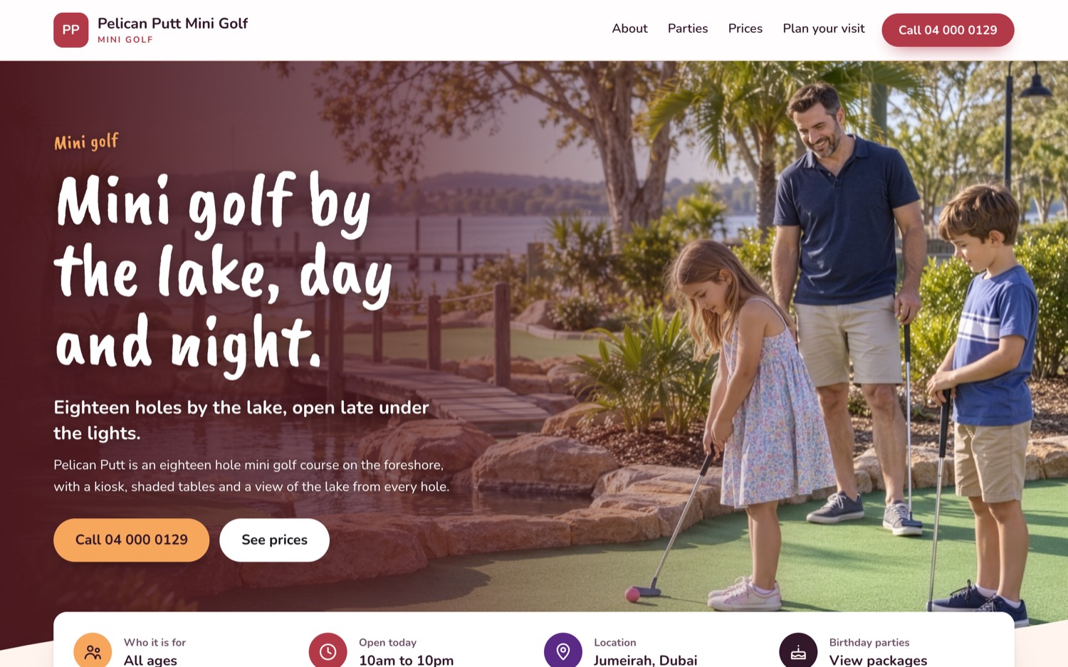 The mini golf example: a warm, outdoors page for a lakeside mini golf course