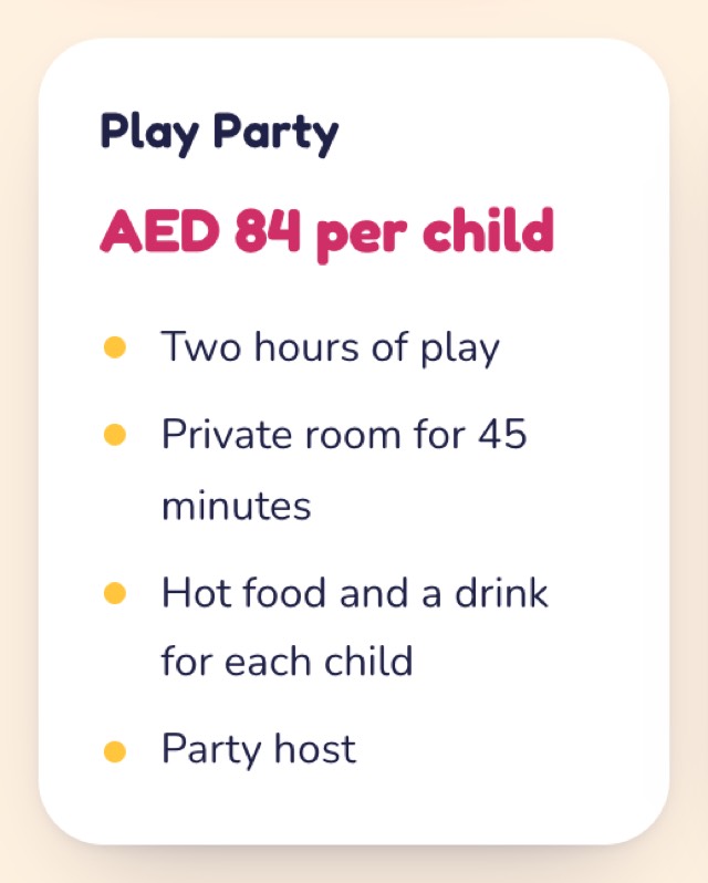 A party package on a venue's page: its name, price per child and what is included
