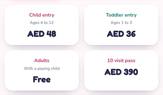 Price tiles on a venue's page: child entry, toddler entry, adults and a ten visit pass