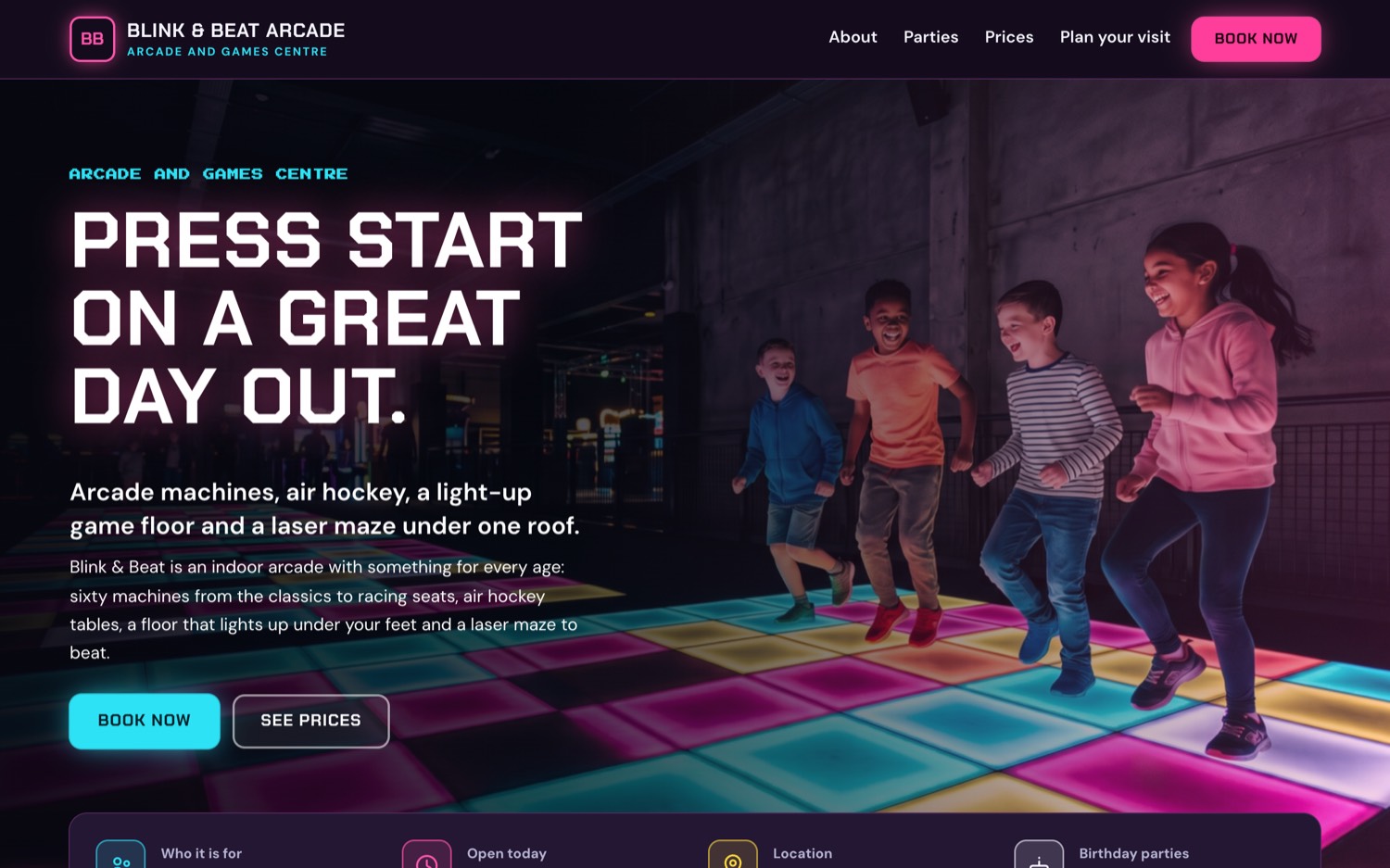 The arcade example: a dark, neon-lit page for an arcade