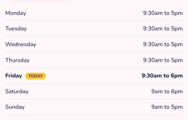 Opening hours on a venue's page, with today marked