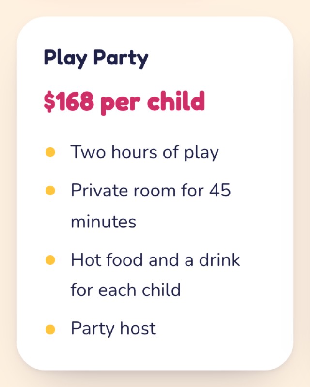A party package on a venue's page: its name, price per child and what is included