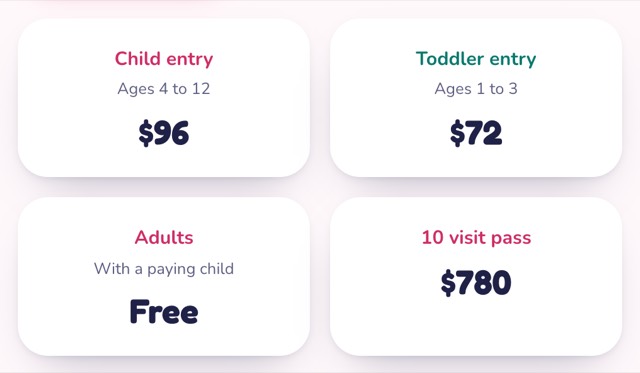 Price tiles on a venue's page: child entry, toddler entry, adults and a ten visit pass