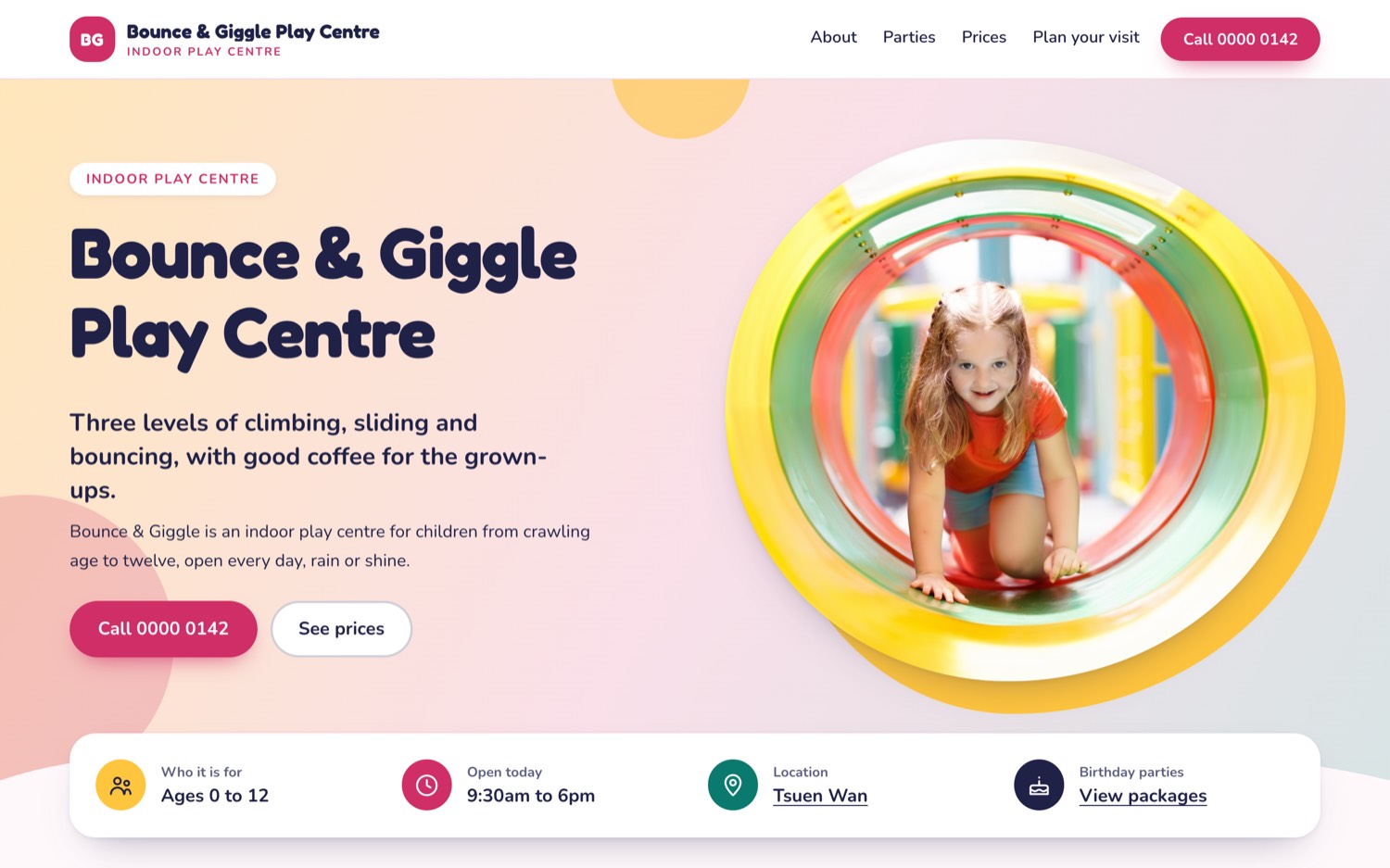 The indoor play centre example: a bright pink and yellow page for an indoor play centre