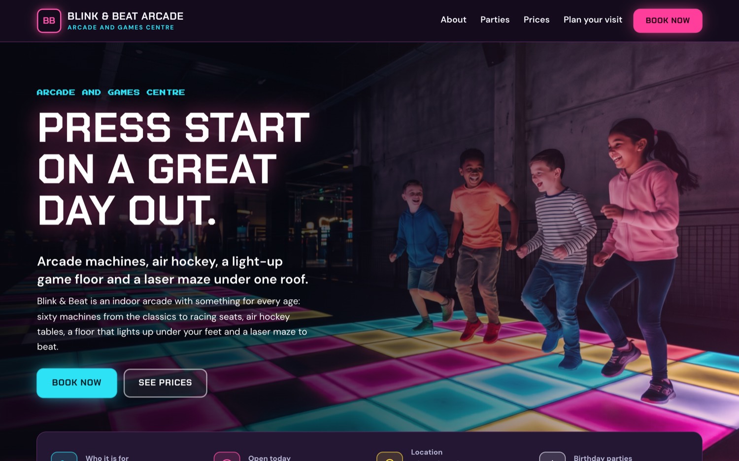 The arcade example: a dark, neon-lit page for an arcade