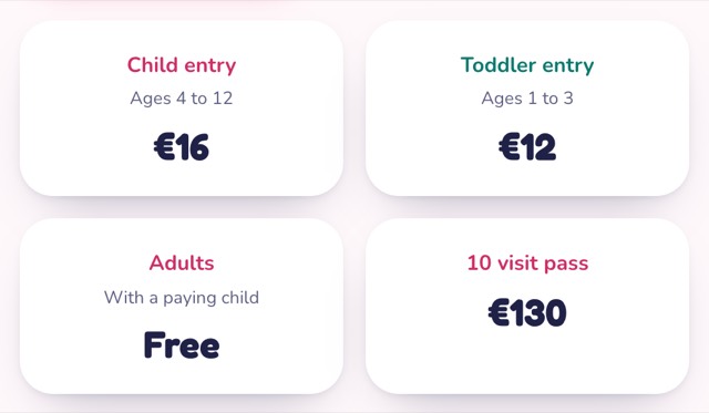 Price tiles on a venue's page: child entry, toddler entry, adults and a ten visit pass