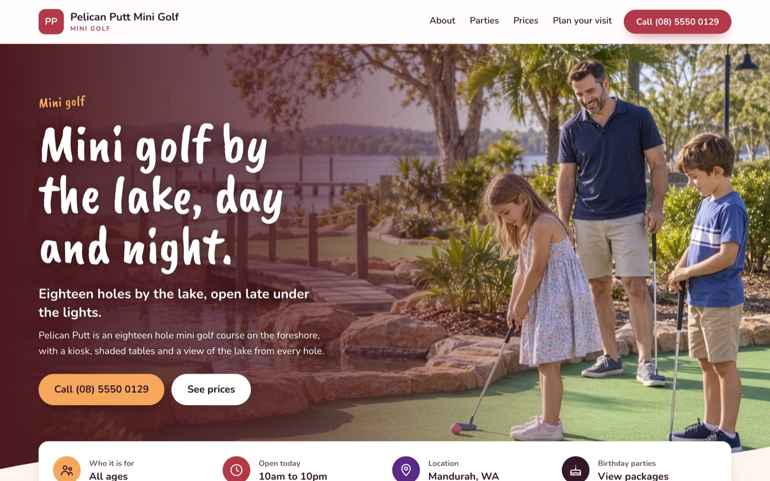 The mini golf example: a warm, outdoors page for a lakeside mini golf course