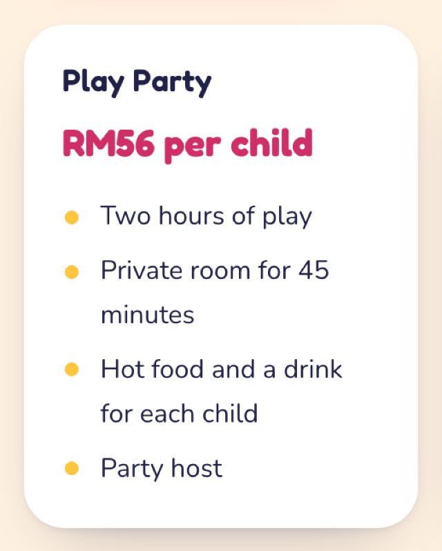 A party package on a venue's page: its name, price per child and what is included