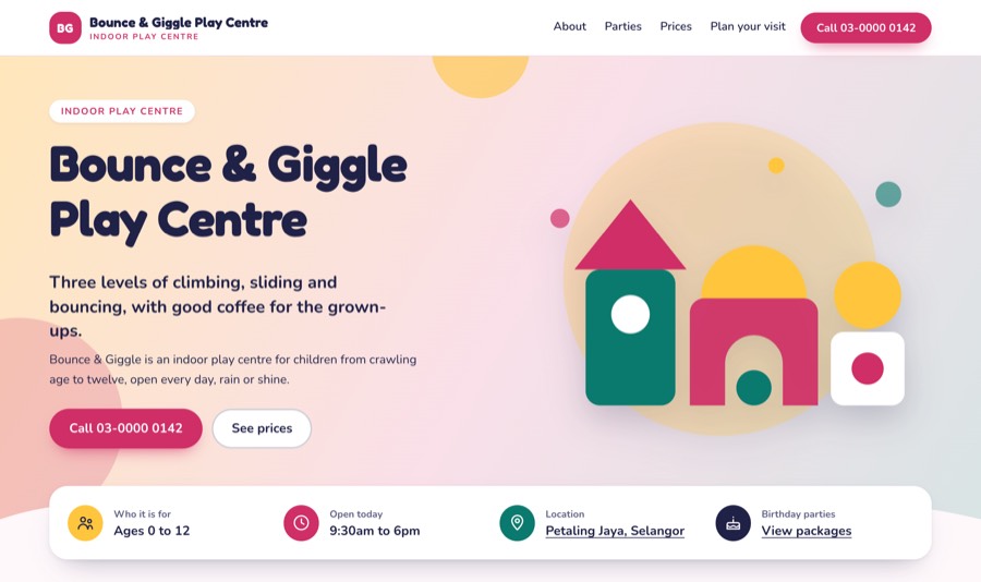 The play centre example with no photos: an illustration in the venue's colours stands in the photo's place