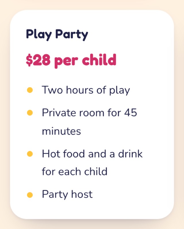 A party package on a venue's page: its name, price per child and what is included