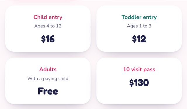 Price tiles on a venue's page: child entry, toddler entry, adults and a ten visit pass
