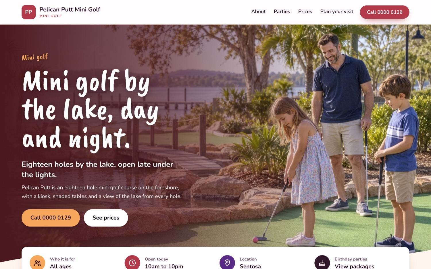The mini golf example: a warm, outdoors page for a lakeside mini golf course
