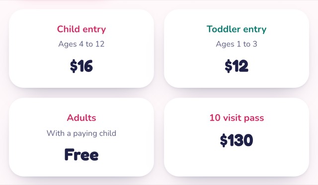 Price tiles on a venue's page: child entry, toddler entry, adults and a ten visit pass