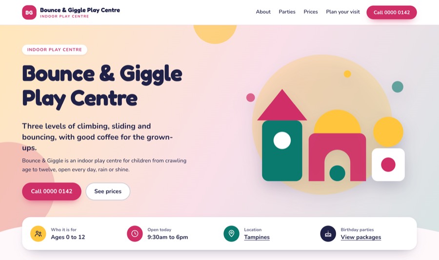 The play centre example with no photos: an illustration in the venue's colours stands in the photo's place