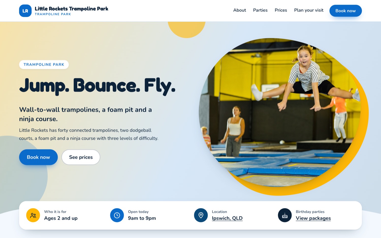 The trampoline park example: a bright page for a trampoline park