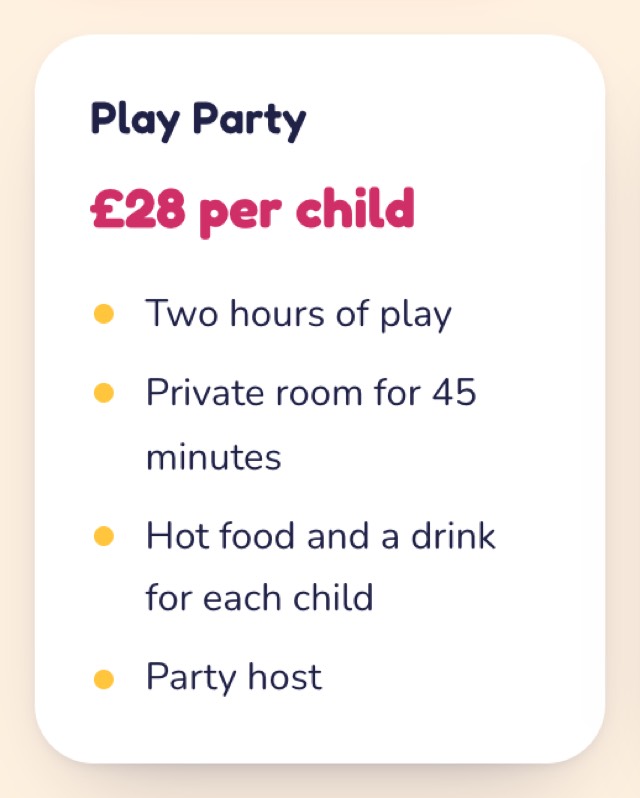 A party package on a venue's page: its name, price per child and what is included