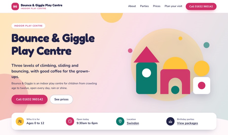 The play centre example with no photos: an illustration in the venue's colours stands in the photo's place