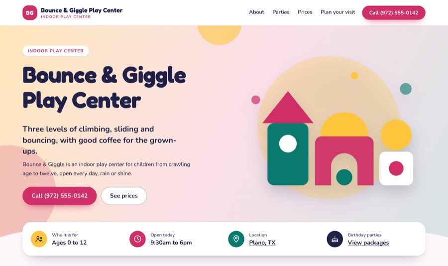 The play center example with no photos: an illustration in the venue's colors stands in the photo's place