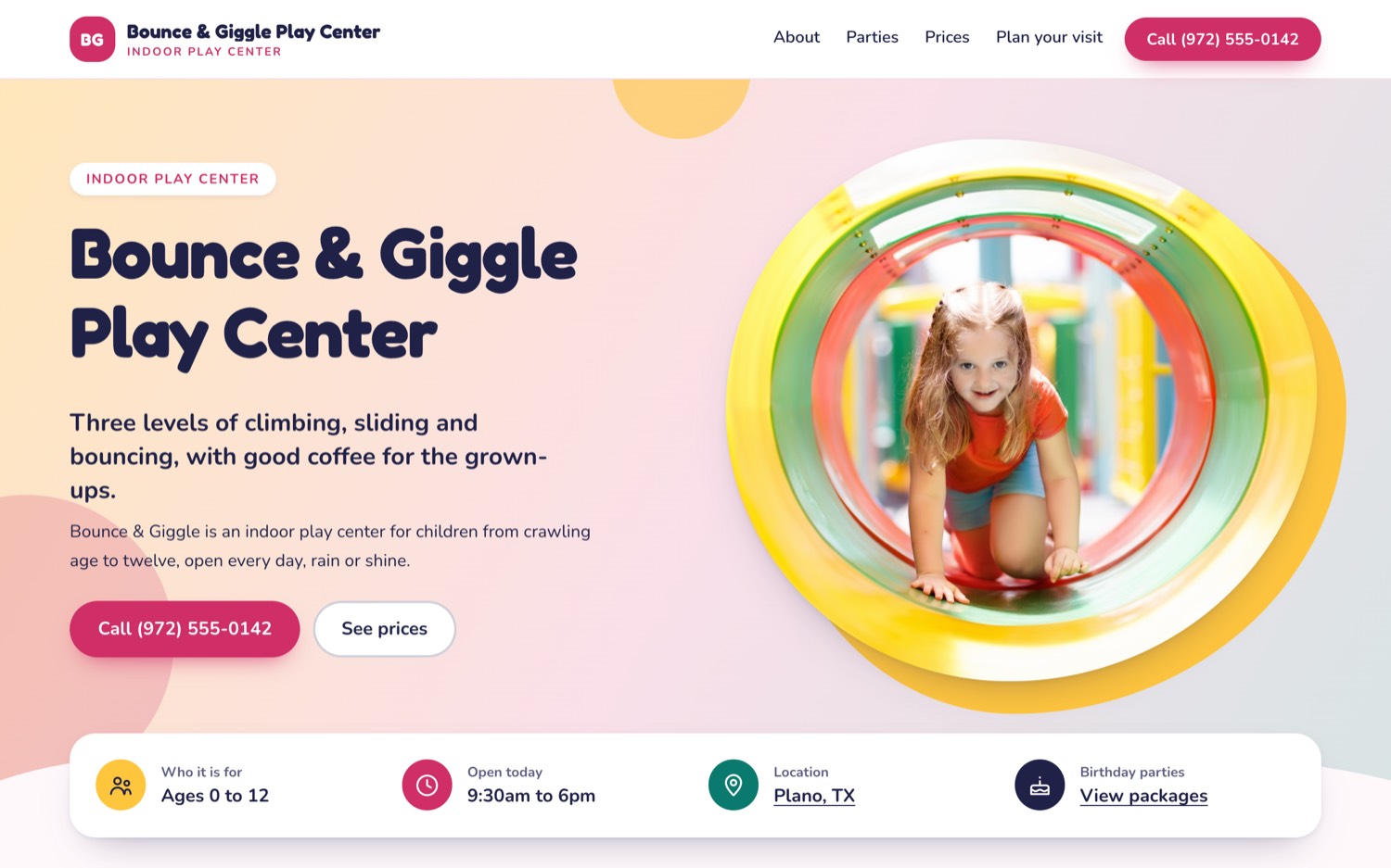 The indoor play center example: a bright pink and yellow page for an indoor play center