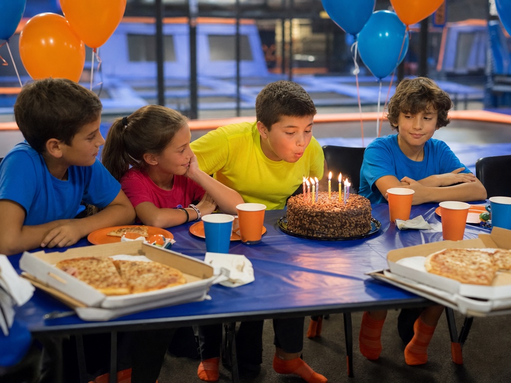 Children at a birthday party table with a cake and balloons