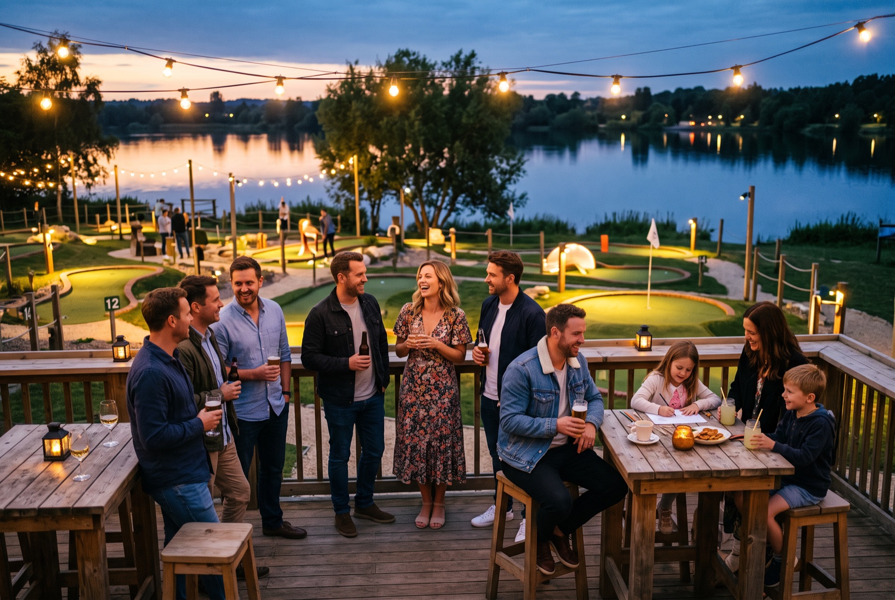 Adults and children with drinks at an evening function at the edge of the course