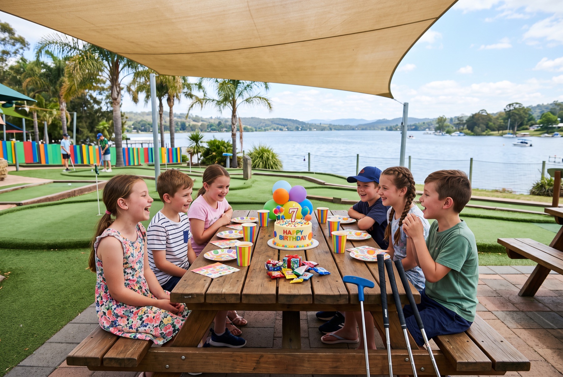 Children at a birthday party table beside the course with a cake