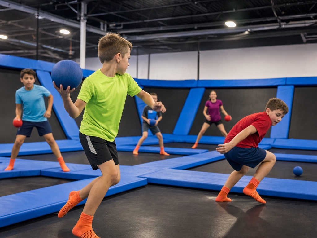 Children playing dodgeball on trampolines