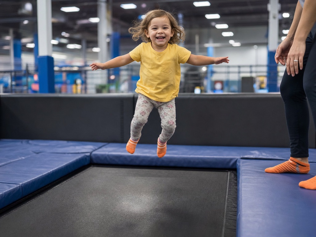 A toddler bouncing on a quiet court