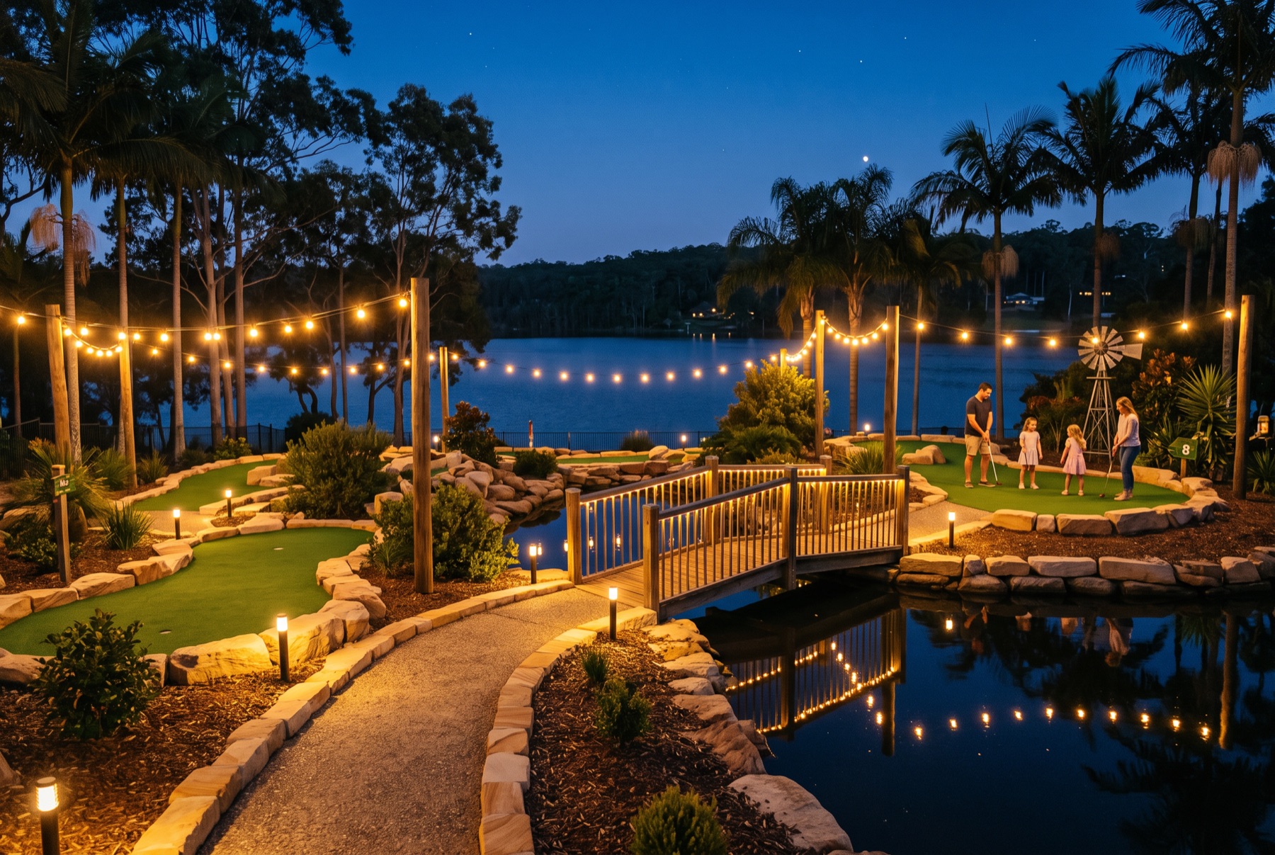 The course lit by festoon lights at night, with a bridge over the water