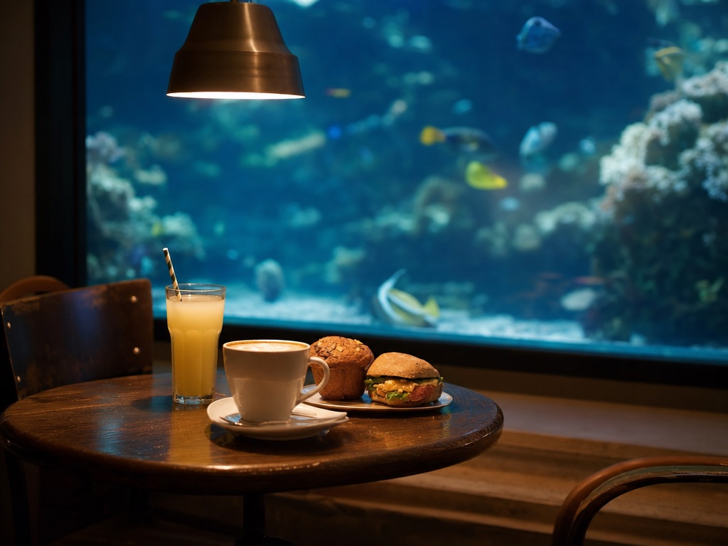 A coffee, a juice and lunch on a table beside a tank