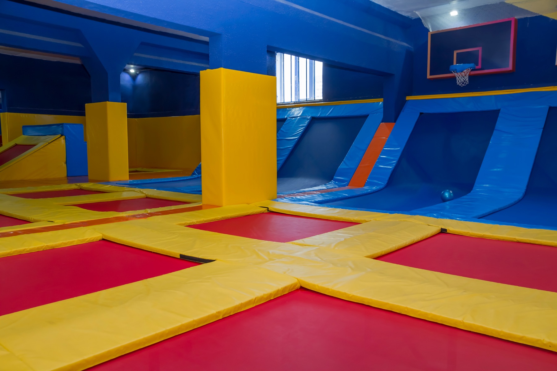 A court of connected trampolines