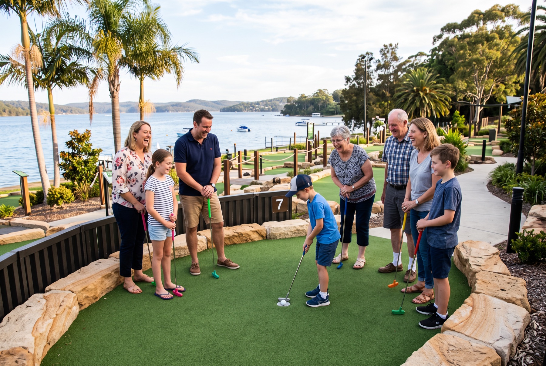 A family group around one green as a boy putts
