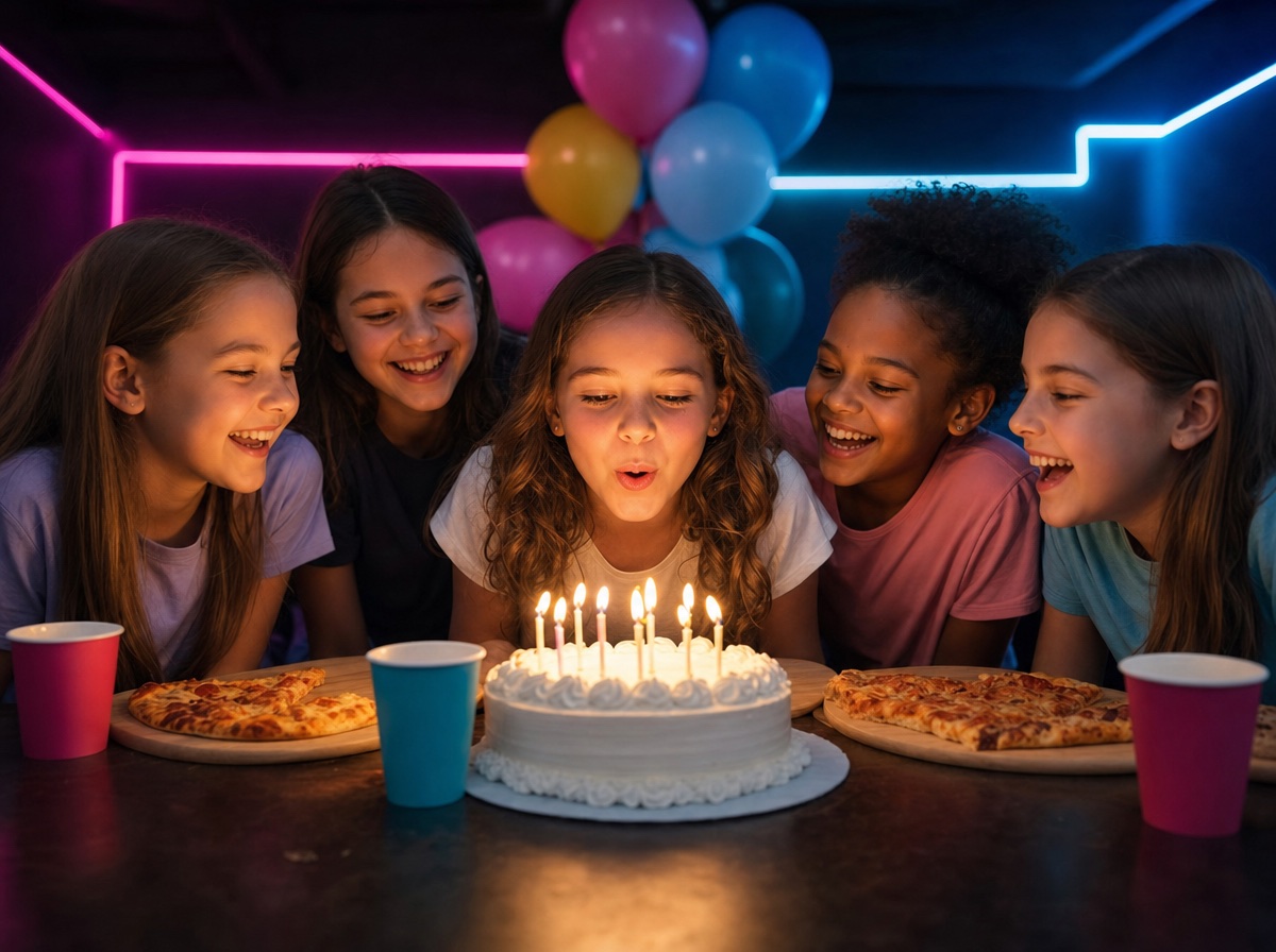 A girl about to blow out the candles on her birthday cake, four friends laughing around her