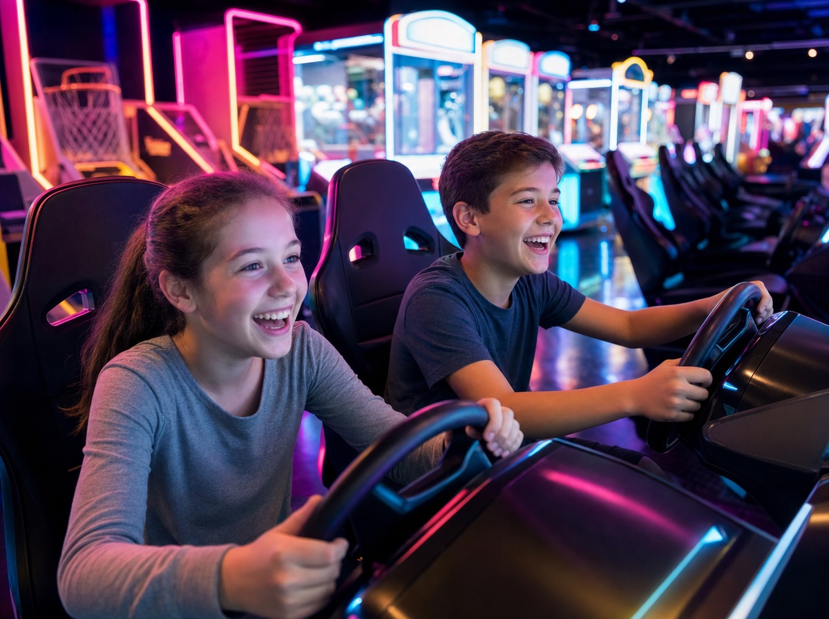 A girl and a boy laughing in racing game seats, with basketball hoop games and claw machines glowing behind them