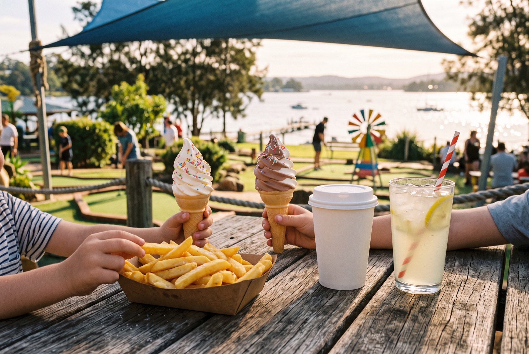 Hot chips, two ice creams and a lemonade on a timber table under a shade sail