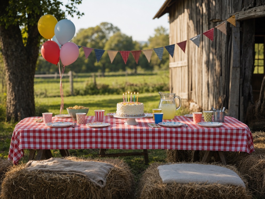 A birthday table with a cake, balloons and bunting beside a barn